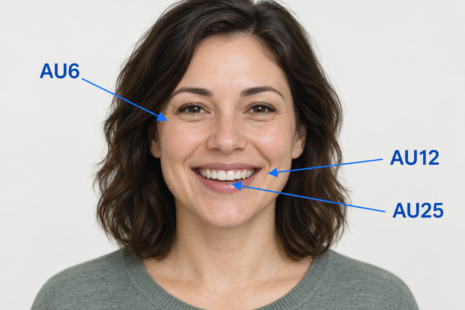 Illustration of a smiling person with arrows marking AU6 at the outer eye and upper cheek, AU12 at the raised lip corner, and AU25 at the parted lips.